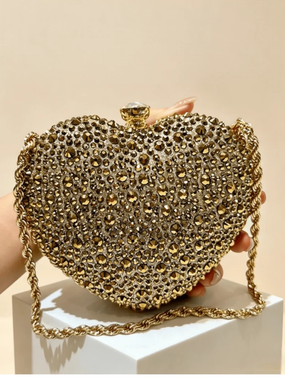 Rhinestone Studded Heart Shaped Evening Clutch Crossbody Bag NEW
